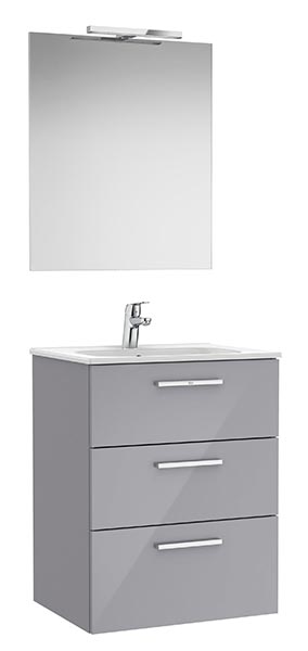 Conj. Pack Family New Victoria (mueble base 3 caj., lavabo, espejo, aplique LED) 605x453x741 mm, gris brillo, (A851607516)