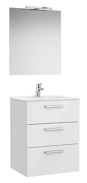 Conj. Pack Family New Victoria (mueble base 3 caj., lav., espejo, apliq. LED) 605x453x741 mm, bl. brillo, (A851607806)