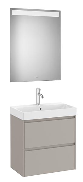 Conjunto Pack Ona (mueble base compacto c/2 cajones, lavabo FINECERAMIC y espejo LED) 600x360x645 mm, gris mate, (A851700510)