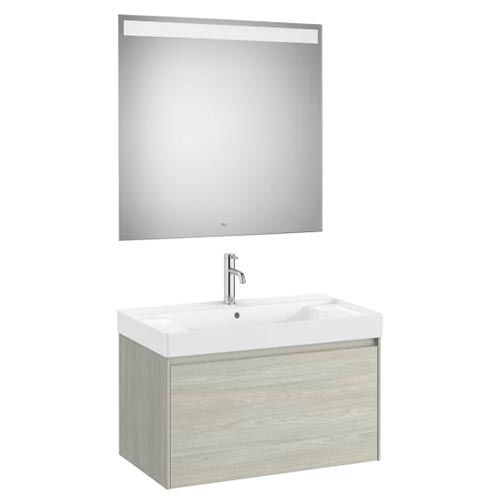 Conjunto Pack Ona (mueble base c/1 cajón, lavabo centrado de FINECERAMIC y espejo LED) 800x460x505 mm, roble claro, (A851701512)