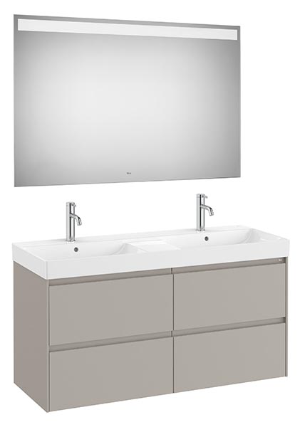 Conjunto Pack Ona (mueble base c/4 cajones, lavabo doble FINECERAMIC y espejo LED) 1200x460x645 mm, gris mate, (A851710510)