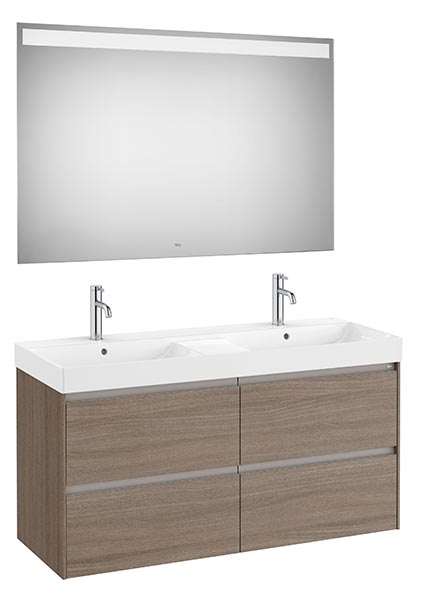 Conjunto Pack Ona (mueble base c/4 cajones, lavabo doble FINECERAMIC y espejo LED) 1200x460x645 mm, olmo oscuro, (A851710511)