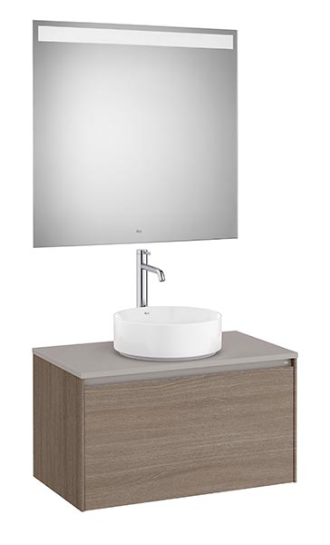 Conjunto Pack Ona (mueble base c/1 cajón, lavabo FINECERAMIC sobreenc., espejo LED) 794x457x443 mm, olmo oscuro, (A851712511)