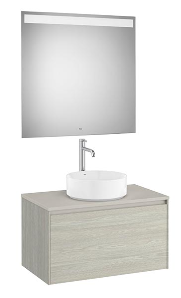 Conjunto Pack Ona (mueble base c/1 cajón, lavabo FINECERAMIC sobreenc., espejo LED) 794x457x443 mm, roble claro, (A851712512)