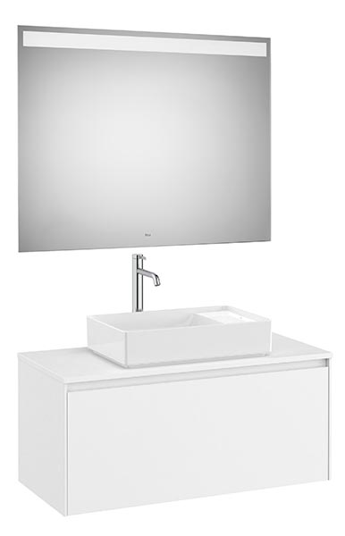 Conjunto Pack Ona (mueble base c/1 cajón, lavabo FINECERAMIC sobreenc., espejo LED) 994x457x443 mm, blanco mate, (A851714509)