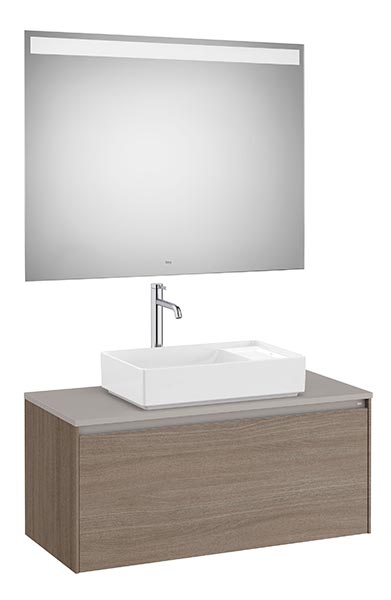 Conjunto Pack Ona (mueble base c/1 cajón, lavabo FINECERAMIC sobreenc., espejo LED) 994x457x443 mm, olmo oscuro, (A851714511)