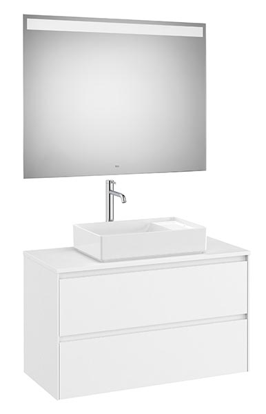 Conjunto Pack Ona (mueble base c/2 caj., lav. FINECERAMIC sobreenc. y espejo LED) 994x457x583 mm, blanco mate, (A851718509)