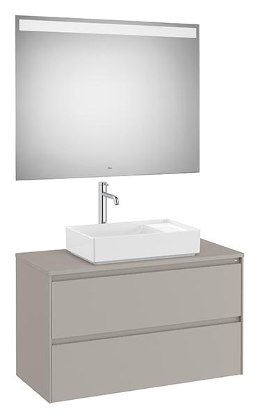 Conjunto Pack Ona (mueble base c/2 caj., lav. FINECERAMIC sobreenc. y espejo LED) 994x457x583 mm, gris mate, (A851718510)