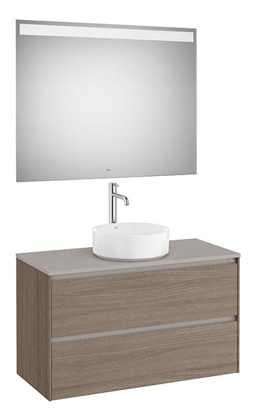 Conjunto Pack Ona (mueble base c/2 caj., lav. FINECERAMIC sobreenc. y espejo LED) 994x457x583 mm, olmo oscuro, (A851718511)