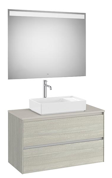 Conjunto Pack Ona (mueble base c/2 caj., lav. FINECERAMIC sobreenc. y espejo LED) 994x457x583 mm, roble claro, (A851718512)