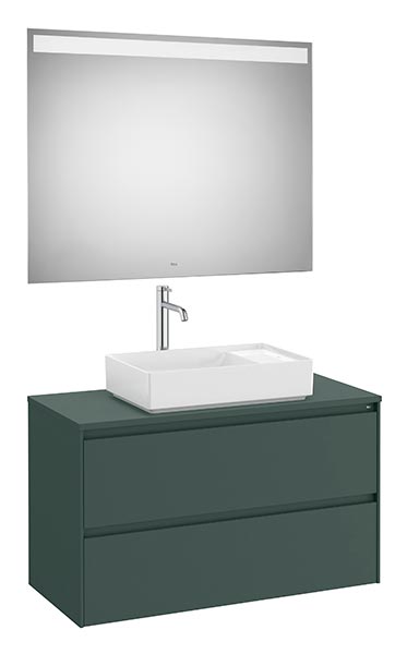 Conjunto Pack Ona (mueble base c/2 caj., lav. FINECERAMIC sobreenc. y espejo LED) 994x457x583 mm, verde mate, (A851718513)