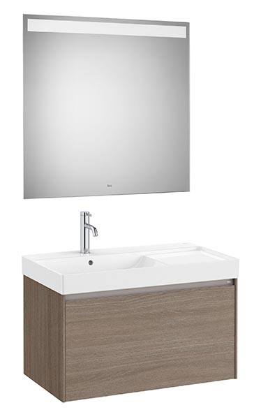 Conjunto Pack Ona (mueble base c/1 cajón, lavabo a la izquierda y espejo LED) 800x460x505 mm, olmo oscuro, (A851722511)