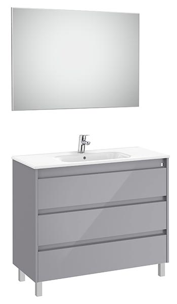 Conjunto Pack Tenet (mueble base c/3 cajones, lavabo, espejo y aplique LED) 985x460x740 mm, gris brillante, (A851792516)