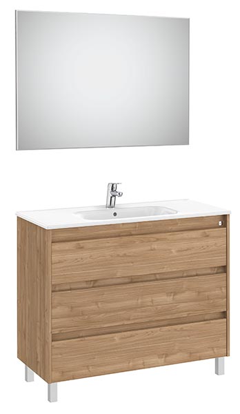 Conjunto Pack Tenet (mueble base c/3 cajones, lavabo, espejo y aplique LED) 985x460x740 mm, nogal, (A851792517)