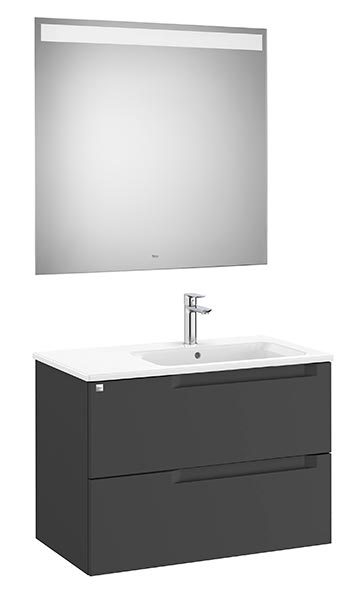 Conjunto Aleyda Pack (mueble base c/2 cajones, lavabo a la derecha y espejo LED) 805x460x565 mm, negro mate, (A851835523)