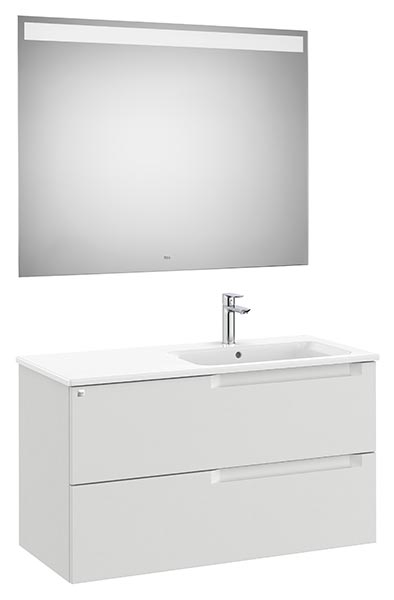 Conjunto Aleyda Pack (mueble base c/2 cajones, lavabo a la derecha y espejo LED) 1005x460x565 mm, gris piedra, (A851838514)