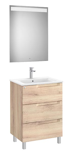 Conjunto Aleyda Pack (mueble base c/3 cajones, lavabo y espejo LED) 605x460x740 mm, beige madera, (A851841524)
