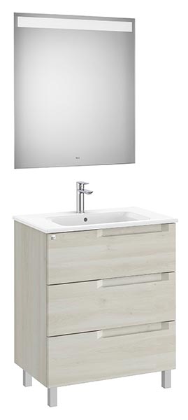 Conjunto Aleyda Pack (mueble base c/3 cajones, lavabo y espejo LED) 705x460x740 mm, blanco madera, (A851842525)