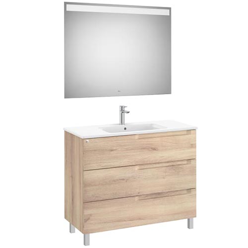 Conjunto Aleyda Pack (mueble base c/3 cajones, lavabo centrado y espejo LED) 1005x460x740 mm, beige madera, (A851847524)