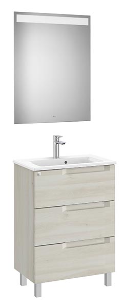 Conjunto Aleyda Pack (mueble base compacto c/3 cajones, lavabo y espejo LED) 605x380x740 mm, blanco madera, (A851885525)
