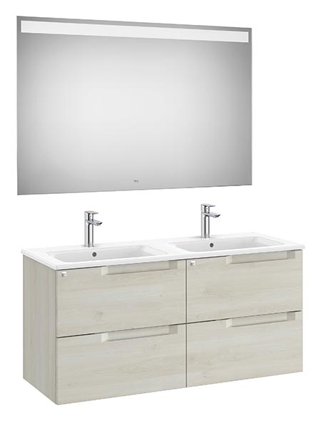 Conjunto Aleyda Pack (mueble base c/4 cajones, lavabo doble y espejo LED) 1200x460x565 mm, blanco madera, (A851889525)