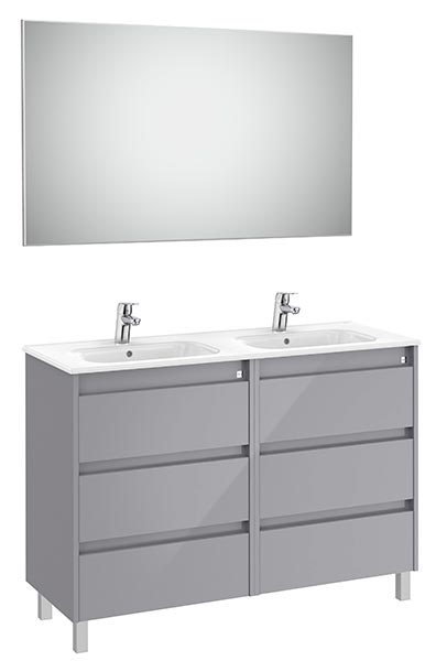Conjunto Pack Tenet (mueble base c/6 cajones, lavabo doble, espejo y aplique LED) 1170x453x740 mm, gris brillante, (A851896516)