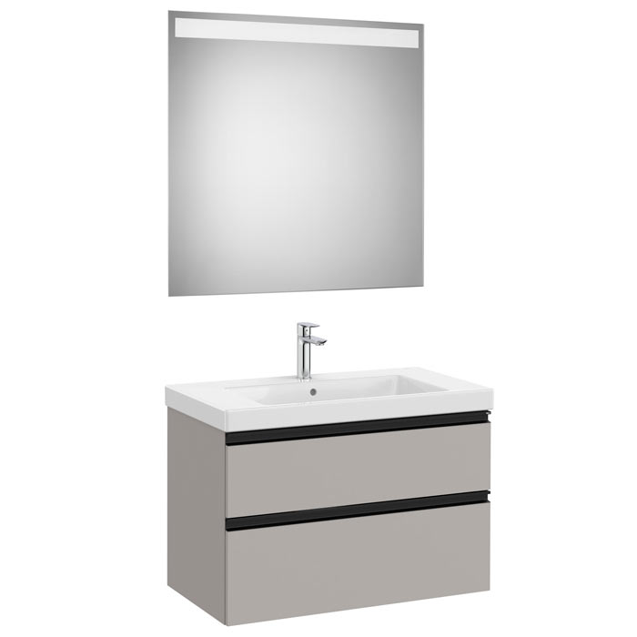 Conjunto Pack The Gap (mueble base c/2 cajones, lavabo plus central y espejo LED) 800x460x575 mm, gris mate, (A851975547)