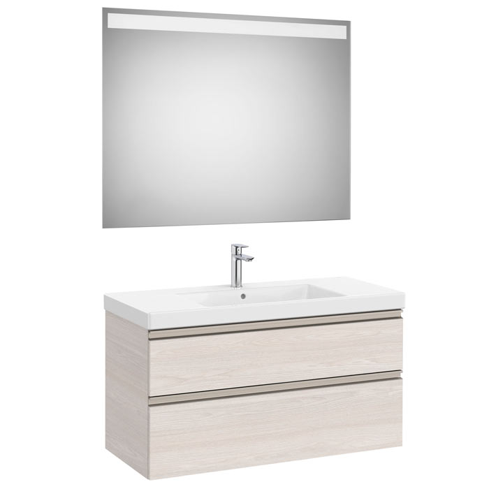 Conjunto Pack The Gap (mueble base c/2 cajones, lavabo plus central y espejo LED) 1000x460x575 mm, fresno nórdico, (A851976434)
