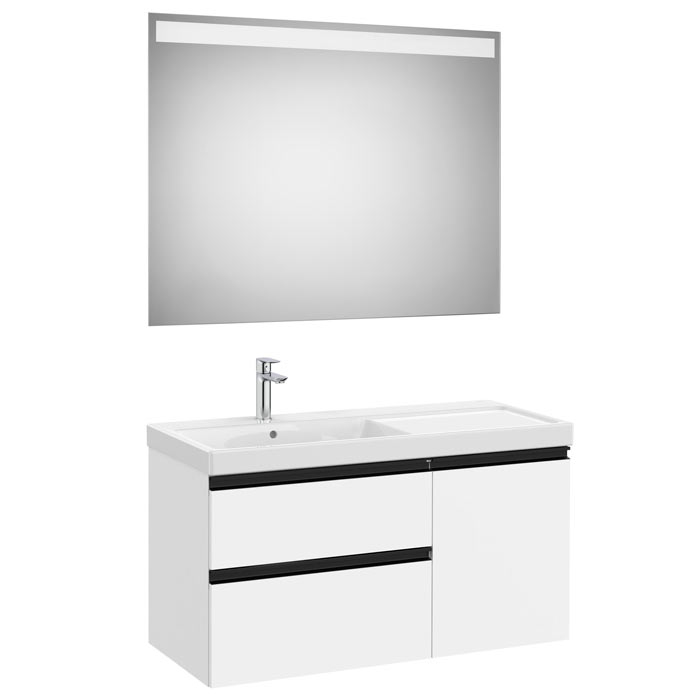 Conj. Pack The Gap (mueble base c/2 caj., 1 puerta, lavabo plus izq. y espejo LED) 1000x460x575 mm, blanco mate, (A851979509)