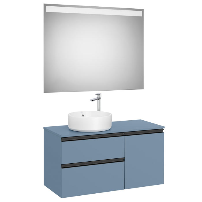 Conj. Pack The Gap (mueble base c/2 caj., 1 puerta, izq. y espejo LED) 1000x460x537 mm, azul mate, (A852000548)