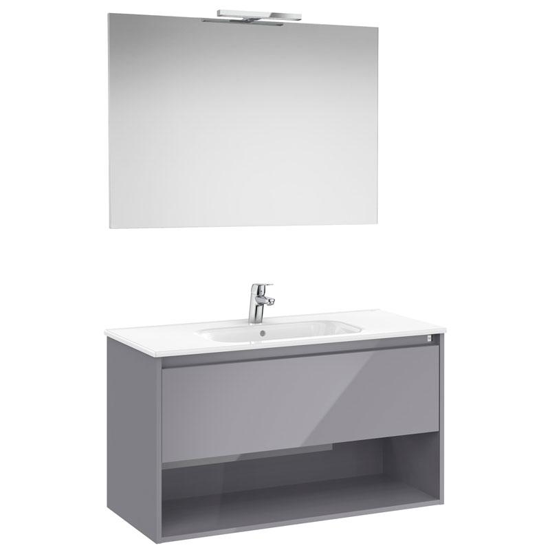 Pack Tenor (mueble c/1 cajón, estante abierto, lavabo, espejo y aplique LED) 1005x460x580 mm, gris brillo, (A852088516)
