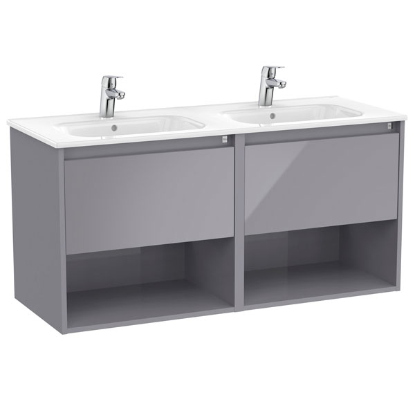 Conjunto Unik Tenor (mueble de dos cajones, 2 estantes abiertos y lavabo doble) 1191x460x580 mm, gris brillo, (A852093516)