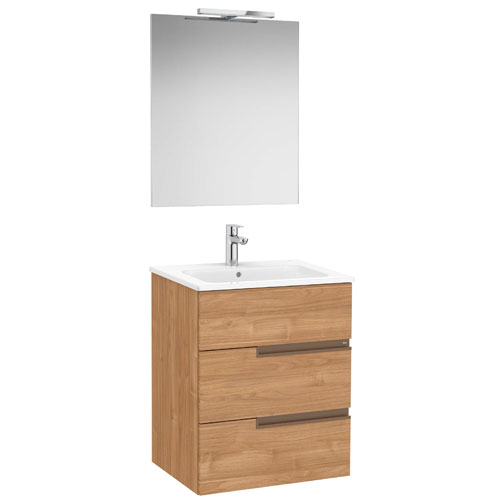 Conj. Pack Victoria-N (mueble base c/3 cajones, lavabo y espejo con aplique LED) 605x460x757 mm, nogal, (A852110517)