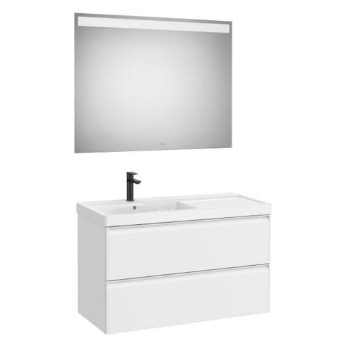 Conjunto Pack Linea (mueble base c/2cajones, lav. FINECERAMIC a la izq., esp. LED Eidos), 1000x455x625 mm, bl. mate, (A852496509