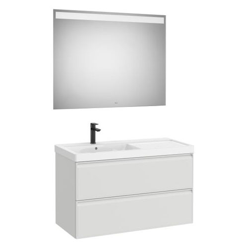 Conjunto Pack Linea (mueble base c/2cajones, lav. FINECERAMIC a la izq., esp. LED Eidos), 1000x455x625 mm, gris p., (A852496514)