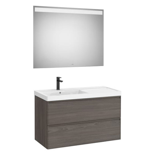 Conjunto Pack Linea (mueble base c/2cajones, lav. FINECERAMIC a la izq., esp. LED Eidos), 1000x455x625 mm, nog. osc., (A85249659