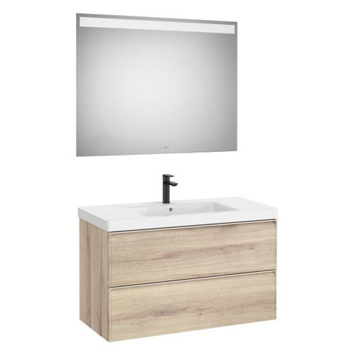 Conjunto Pack Linea (mueble base c/2cajones, lav. FINECERAMIC centrado, esp. LED Eidos), 1000x455x625 mm, b. madera, (A852497524
