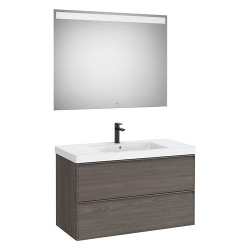 Conjunto Pack Linea (mueble base c/2cajones, lav. FINECERAMIC centrado, esp. LED Eidos), 1000x455x625 mm, nogal os., (A852497597